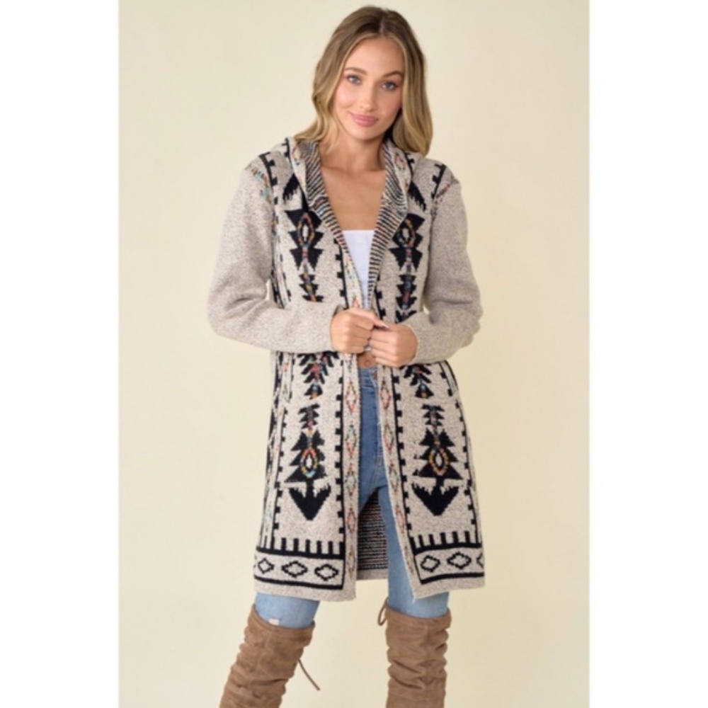 Oatmeal Aztec Rainbow Western Hooded Knit Cardigan Long Sleeve Open Sweater - Picture 2 of 14